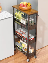 Utility Slim Storage Cart, 4 Tier Small Rolling Kitchen Laundry Room Cart with Wood Top, Metal Narrow Bathroom Storage Cabinet Mobile Shelf Unit Organizer Trolley with Handle for Narrow Space