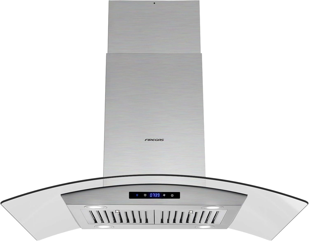 FIREGAS Island Range Hood 36 inch 450 CFM with Chimney,Tempered Glass,4 LED Lights,3 Speed Fan,Touch Control,Permanent Filter,Charcoal Filter,Stainless Steel,Island Mount,Ceiling Mount