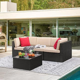 Devoko Patio Furniture Sets 6 Pieces Outdoor Sectional Rattan Sofa Manual Weaving Wicker Patio Conversation Set with Glass Table and Cushion (Beige)