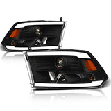 Alpha Owls 8710401 Crystal Headlights With Switchback Sequential LED Light Bar & Startup Light – Black Amber Fits 2009-2018 Dodge Ram 1500 2500 3500/2019-2023 Classic Halogen Models