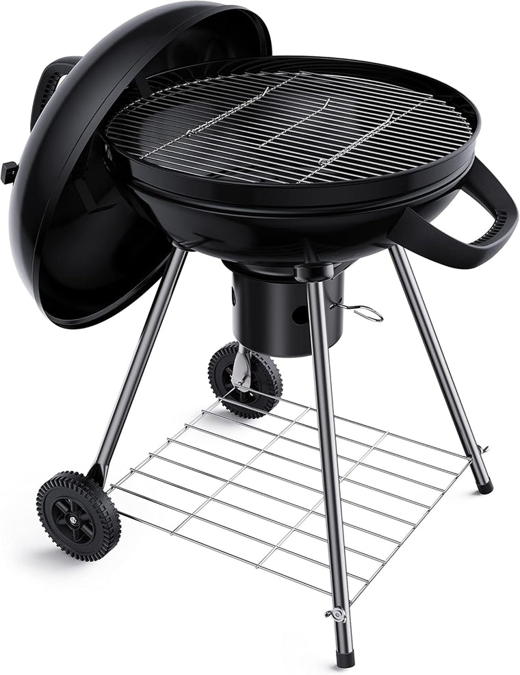 Charcoal BBQ Grill 22-Inch, Kettle Charcoal Grill with Lid Thermometer, Integrated Wheels, Plated Steel Grates, Slid Out Ash Catcher, Integrated Wheels, for Outdoor Cooking, Picnic, Patio, Backyard