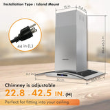 FIREGAS Island Range Hood 36 inch 450 CFM with Chimney,Tempered Glass,4 LED Lights,3 Speed Fan,Touch Control,Permanent Filter,Charcoal Filter,Stainless Steel,Island Mount,Ceiling Mount