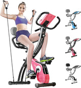SALEMFIT Folding Stationary Bike, Magnetic Upright Bike Indoor Workout Exercise Cycle Bike with Front & Back Arm Resistance Bands LCD Monitor Pulse Sensor Phone Holder Backrest, For ?Home Workout Total Body Gym